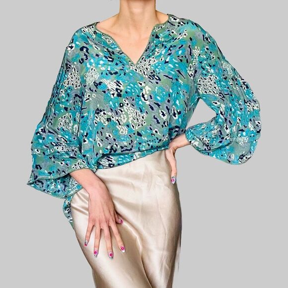 RUNGOLEE Blue 100% Silk Ruffle Sleeve Tunic Blouse Medium‎ 8/10 Boho Resortwear - Picture 1 of 14